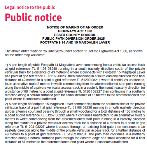 Footpath 14 &amp; 15 diversion order