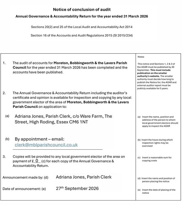 Notice of conclusion of Audit 25 26
